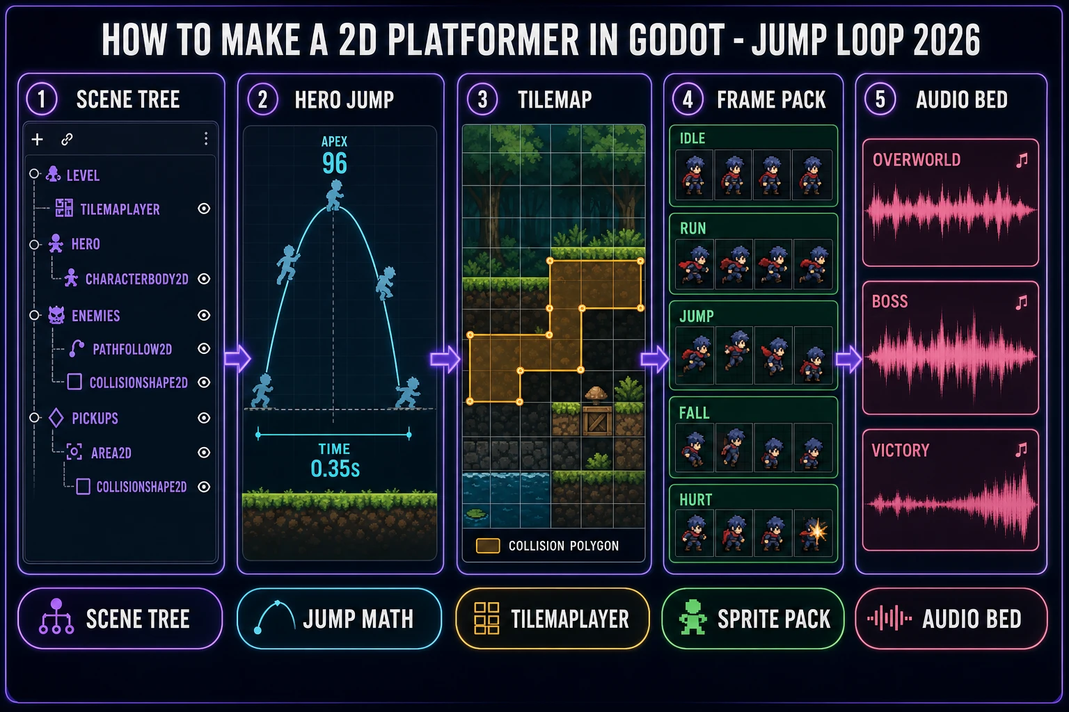 How to make a 2d platformer in godot pipeline: scene tree, hero jump, tilemap, sprite pack, audio bed