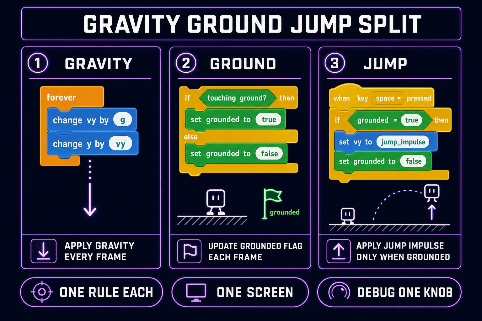 Separate gravity, ground, and jump scripts for how to make a platformer on Scratch