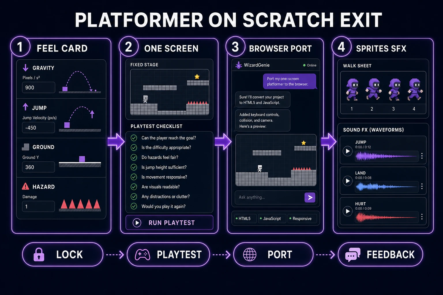 How to make a platformer on Scratch exit path from feel card to WizardGenie sprites and SFX