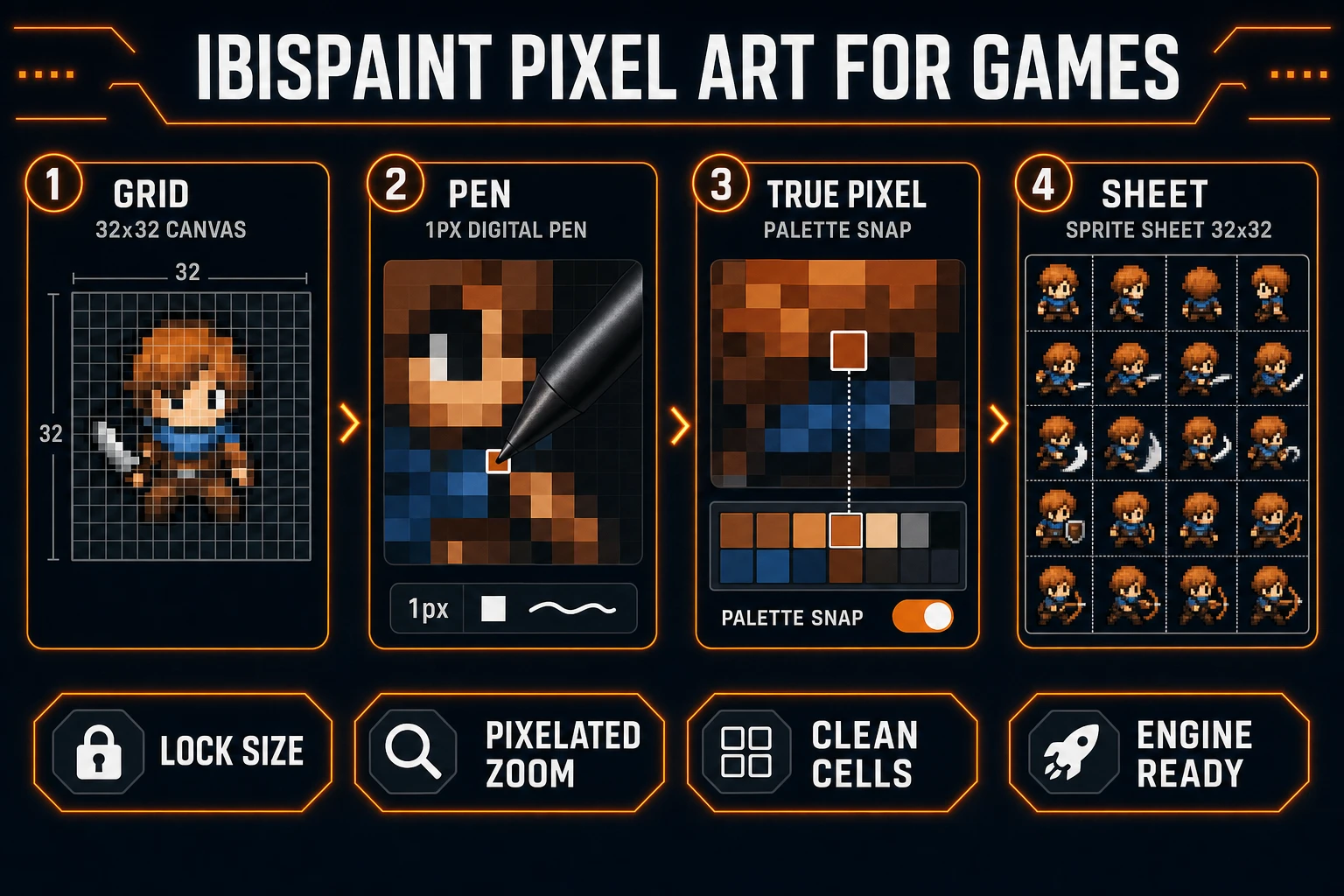 How to make pixel art in IbisPaint workflow from locked grid through True Pixel cleanup to a game sprite sheet