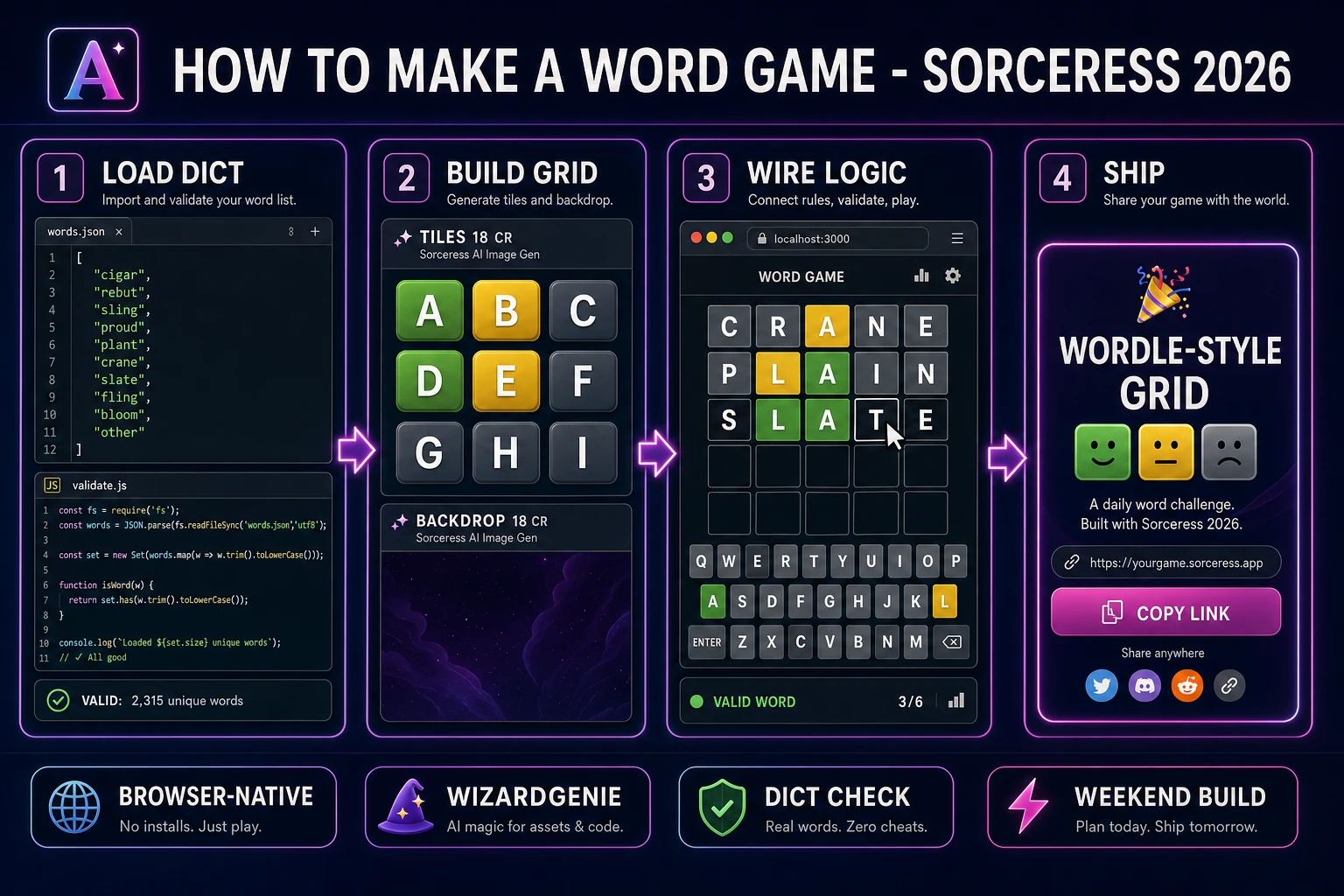 How to make a word game browser pipeline: load a five-letter dictionary, wire guess feedback tiles in WizardGenie, and ship a browser build