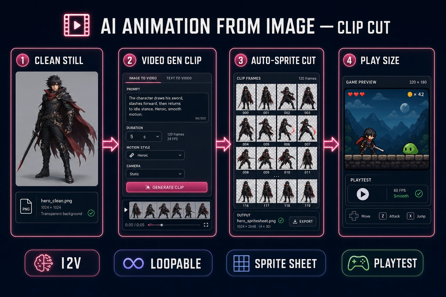 ai animation generator from image pipeline from clean still to play-size sprite sheet