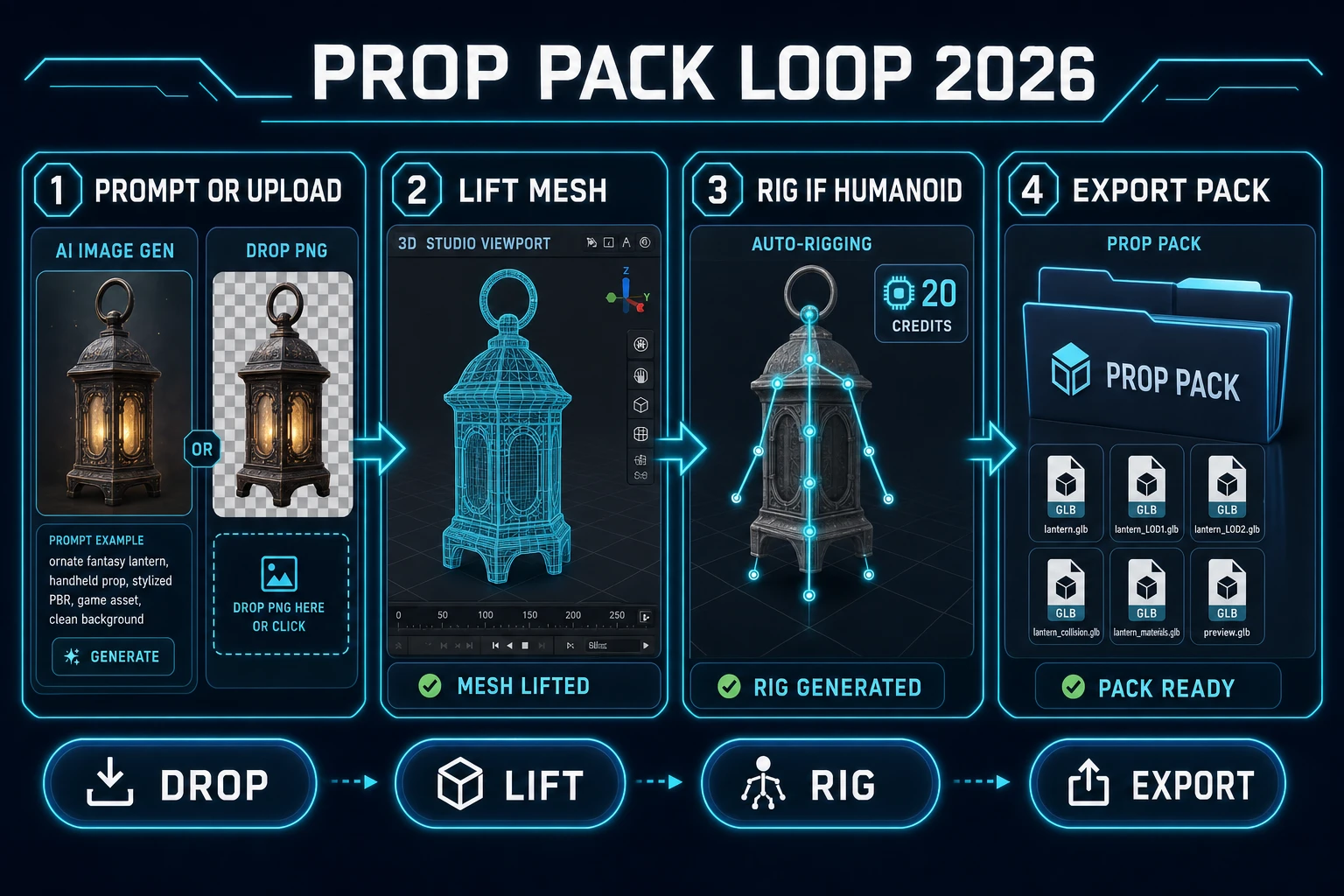 Prop pack loop: prompt or upload, lift mesh in 3D Studio, optional auto-rig, export GLB pack