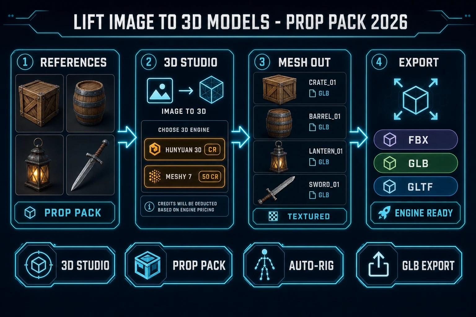 Lift image to 3D models prop pack pipeline: references, 3D Studio, textured meshes, GLB FBX export