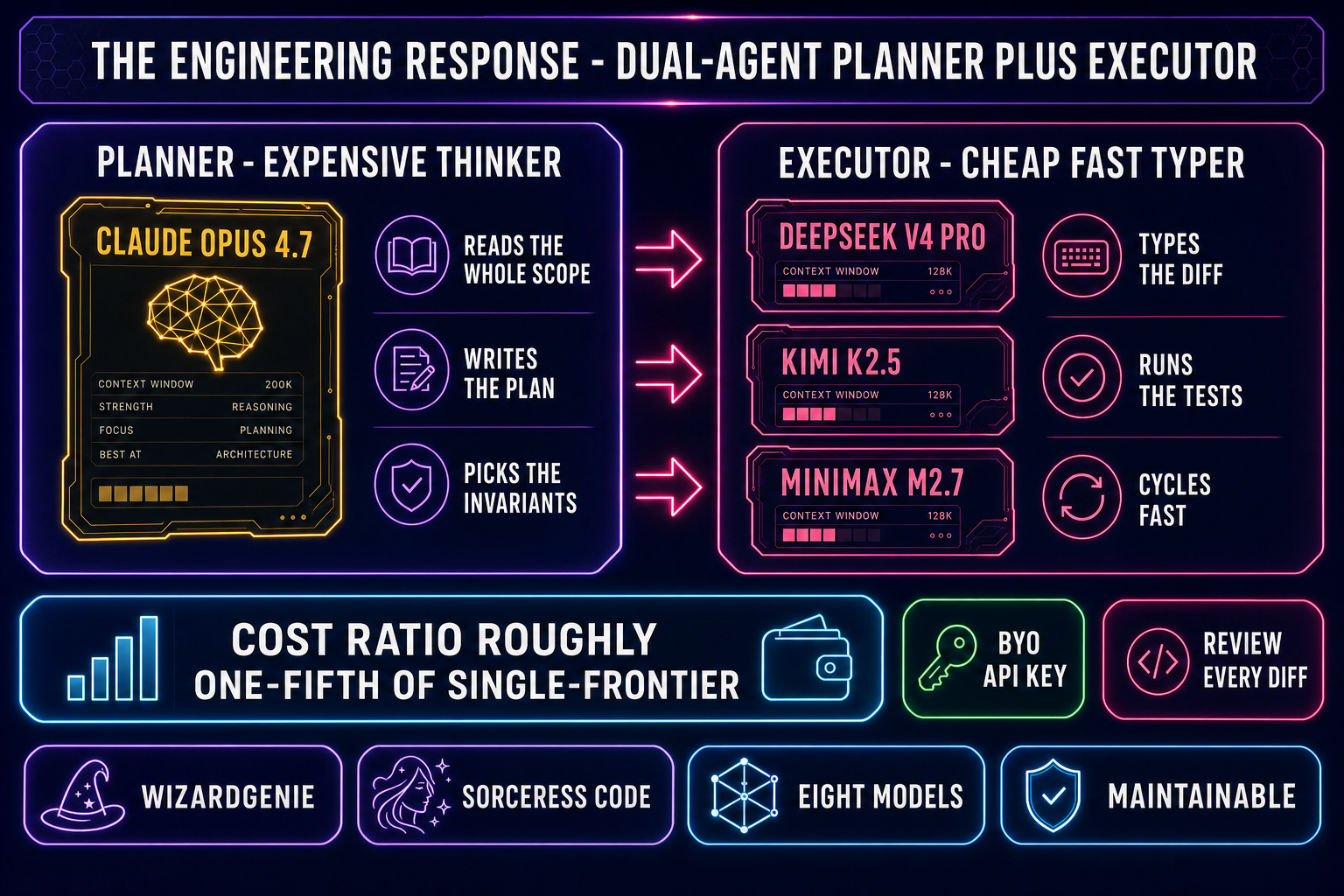Dual-agent vibe coding cost-comparison diagram: Claude Opus 4.7 as planner expensive thinker on the left, DeepSeek V4 Pro plus Kimi K2.5 plus MiniMax M2.7 as cheap fast executors on the right, cost ratio roughly one-fifth of single-frontier with bring-your-own-key and review-every-diff badges