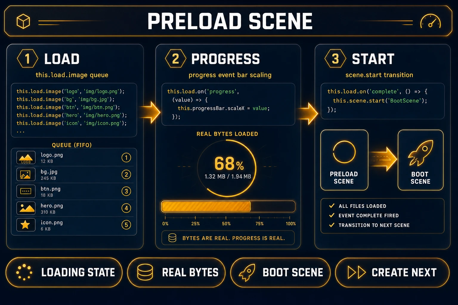 Phaser preload scene wiring loader progress events to a bar sprite