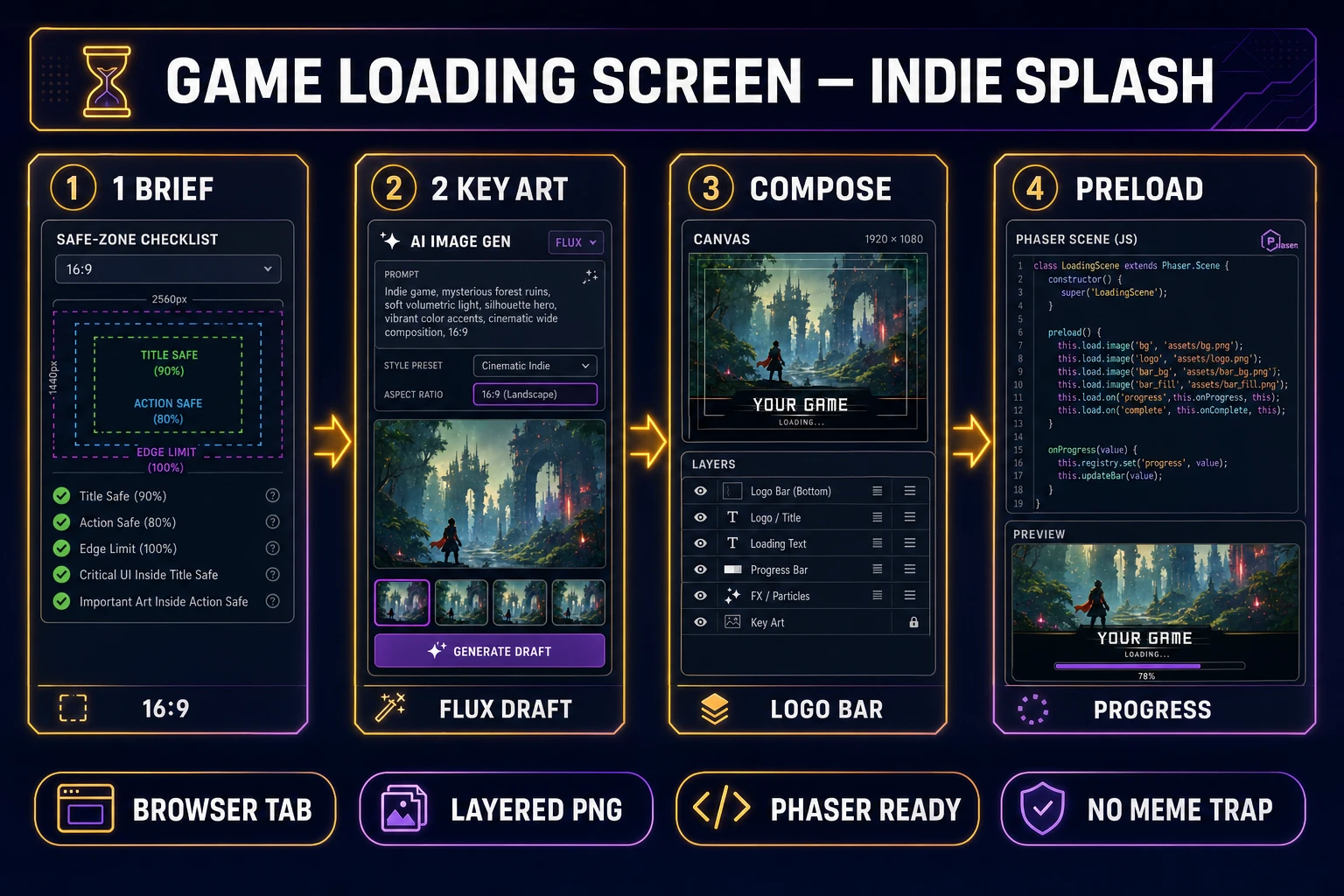 Four-step game loading screen pipeline from brief to Phaser preload scene