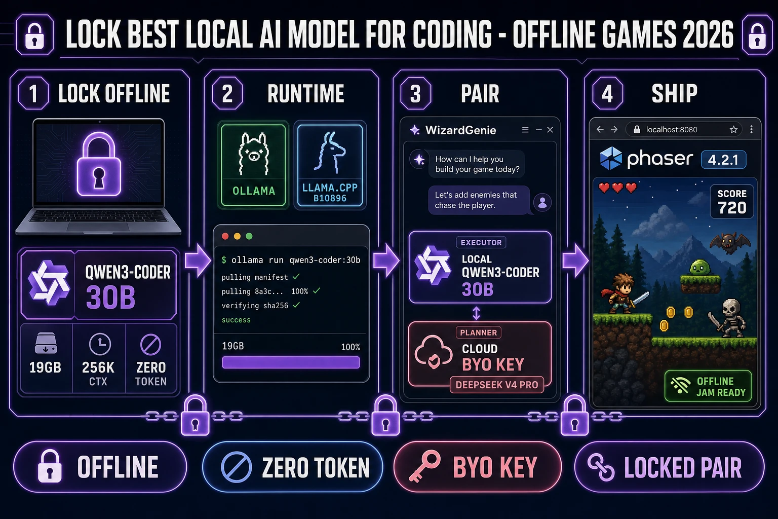 Best local AI model for coding 2026 four-panel diagram: offline qwen3-coder 30B locked with Ollama and llama.cpp, plus DeepSeek V4 Pro BYO-key cheap-cloud planner inside WizardGenie for a Phaser 4.2.1 jam scene