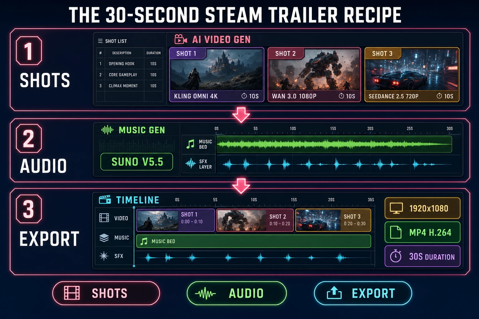 30-second Steam trailer recipe diagram showing three AI animation video generator shots timeline music bed and MP4 export for game trailer path 2026