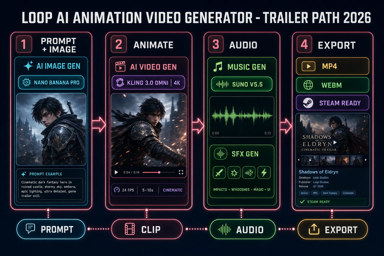 Loop AI animation video generator trailer path 2026 pipeline chart showing prompt image clip audio and export stages with Sorceress AI Video Gen Kling 3.0 Omni Wan 3.0 and Music Gen