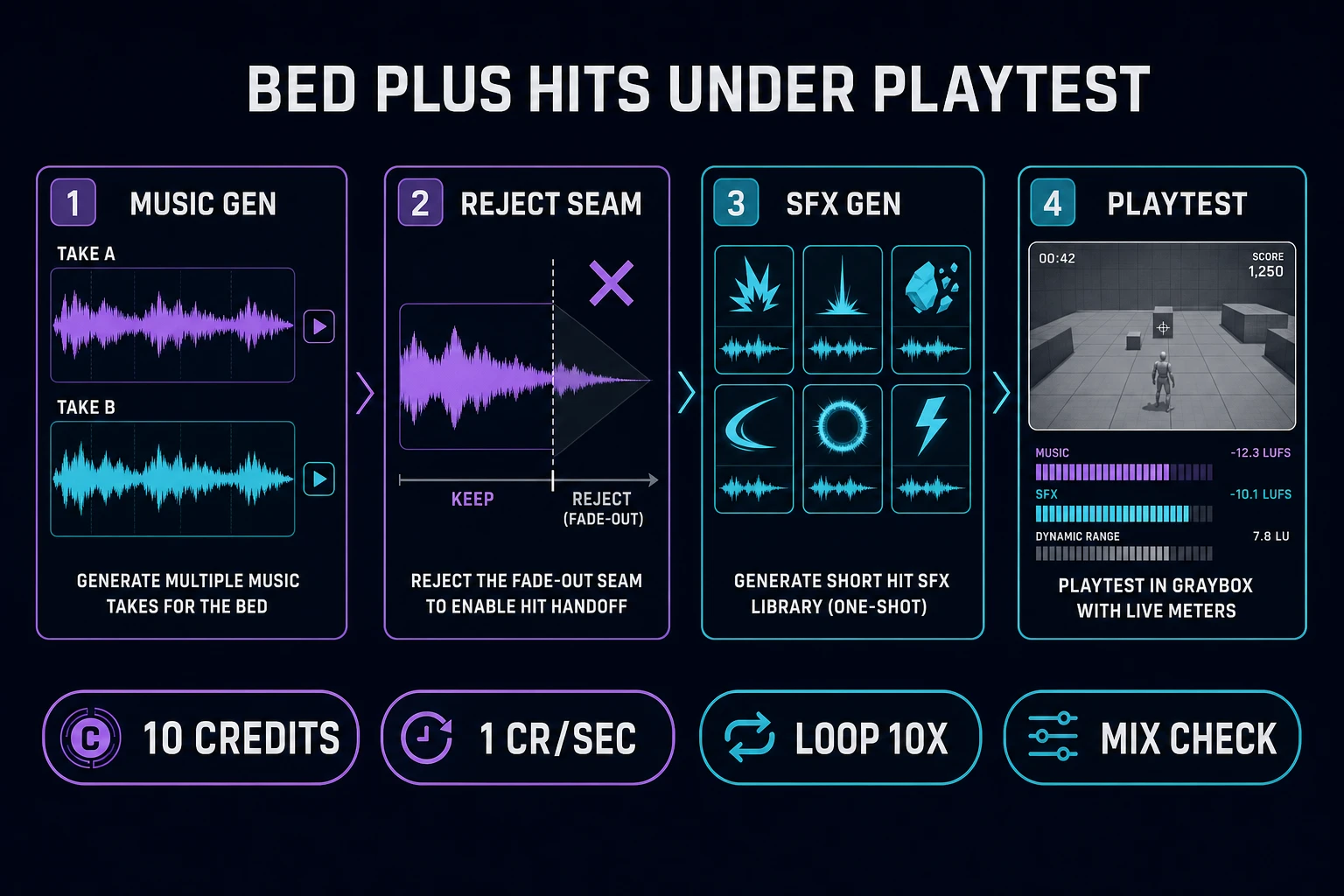 Music Gen bed plus SFX Gen hits under a how to make game music playtest