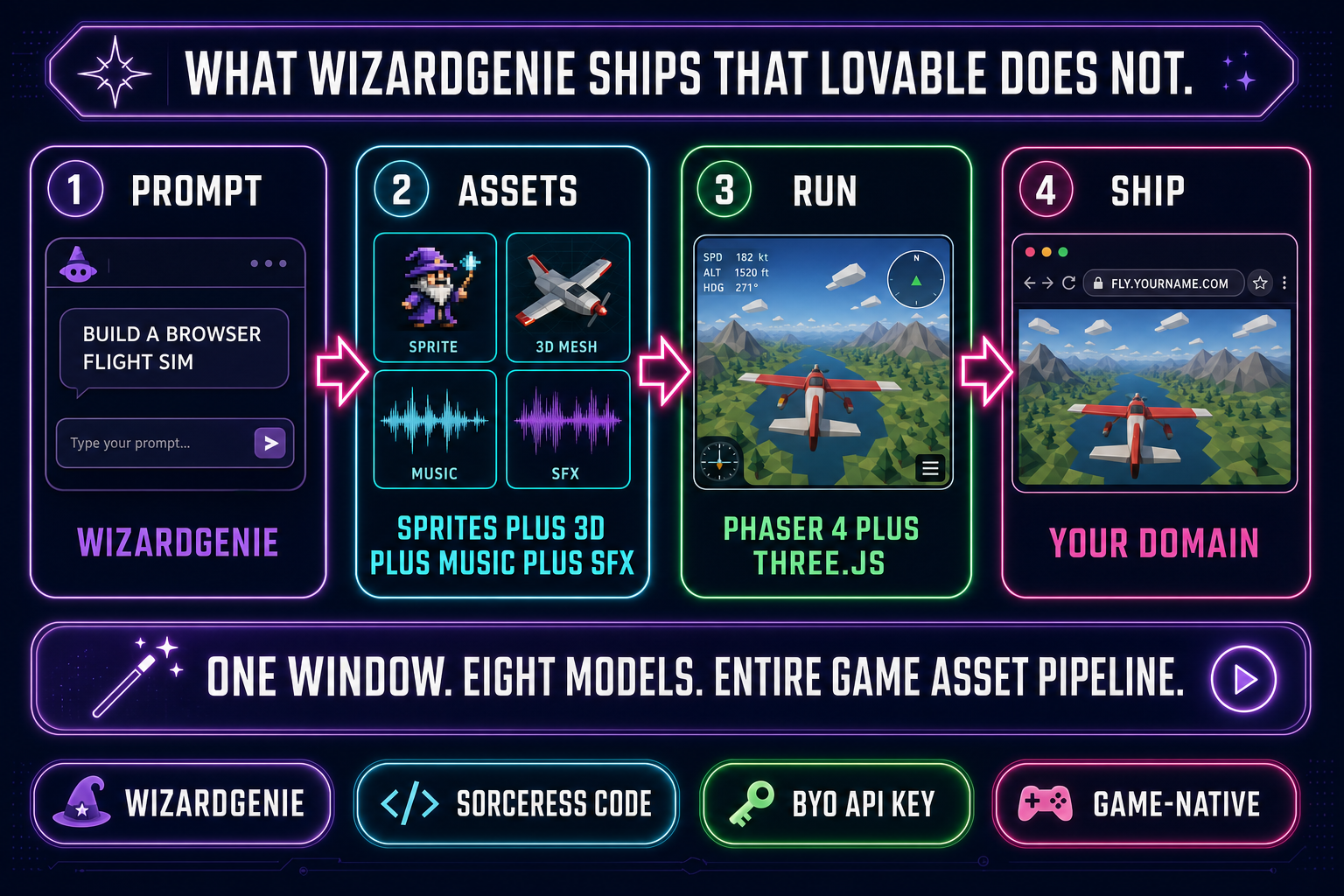 Sorceress stack pipeline showing what WizardGenie ships that Lovable does not: prompt to WizardGenie agent, then sprite plus 3D plus music plus SFX asset pipeline, then Phaser 4 plus Three.js live preview, then deploy to your own domain, with WizardGenie, Sorceress Code, BYO API key, and game-native pill badges along the bottom