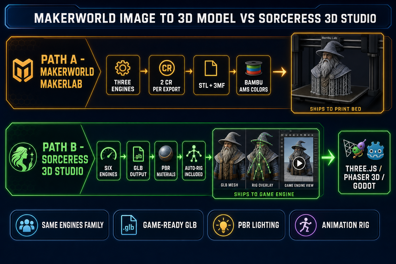Side-by-side comparison diagram of the Makerworld image to 3D model tool versus Sorceress 3D Studio, top lane shows Makerworld with three engines, two credits per export, STL and 3MF outputs, and Bambu AMS color mapping for FDM printing, bottom lane shows Sorceress with six engines, GLB output, PBR materials, and an included auto-rig pass for game-engine workflows, both lanes on a dark navy background with amber and emerald accents
