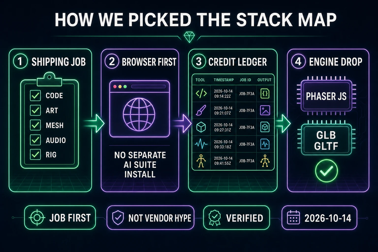 Methodology diagram for mapping AI game development tools by shipping job and credit ledger