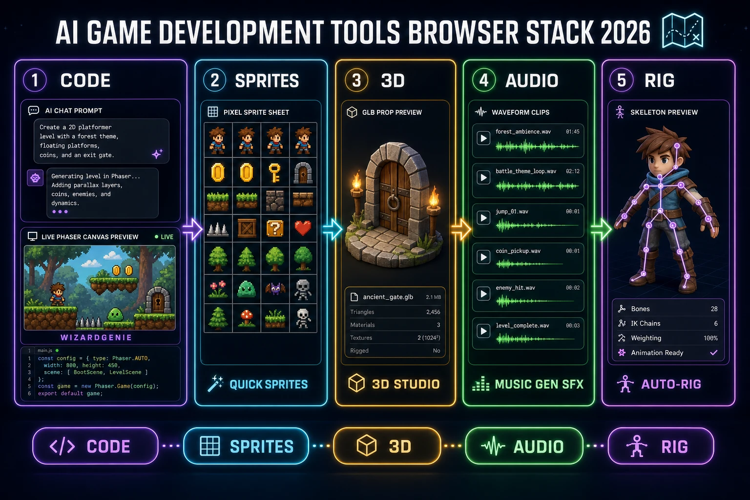 AI game development tools browser stack map: code, sprites, 3D, audio, and rigging lanes