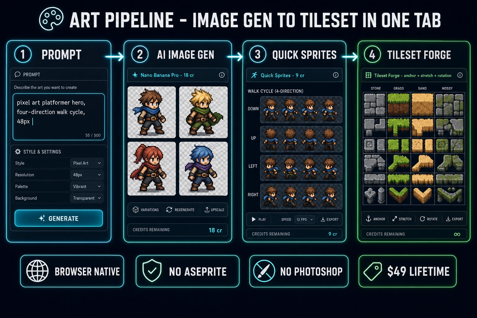 Art pipeline four-step diagram showing prompt input, AI Image Gen character concepts, Quick Sprites animated sprite sheet, and Tileset Forge grid-aligned tiles for a 2D platformer