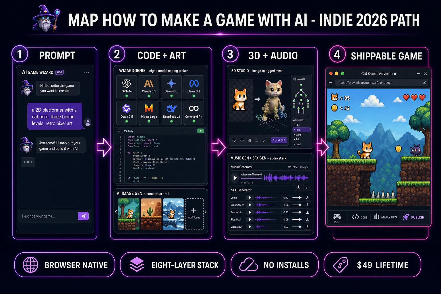 How to make a game with AI in 2026 four-step pipeline showing prompt, code and art generation, 3D and audio layers, and a shippable browser game