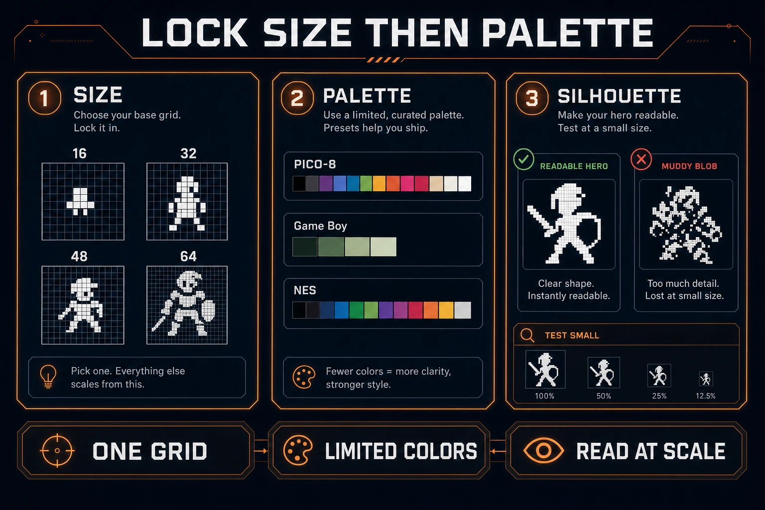 Scorecard showing locked pixel size, limited palette presets, and readable silhouette checks