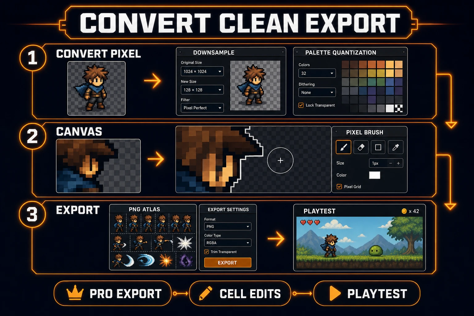 True Pixel convert, Canvas clean, and export playtest panels for how to make pixel art