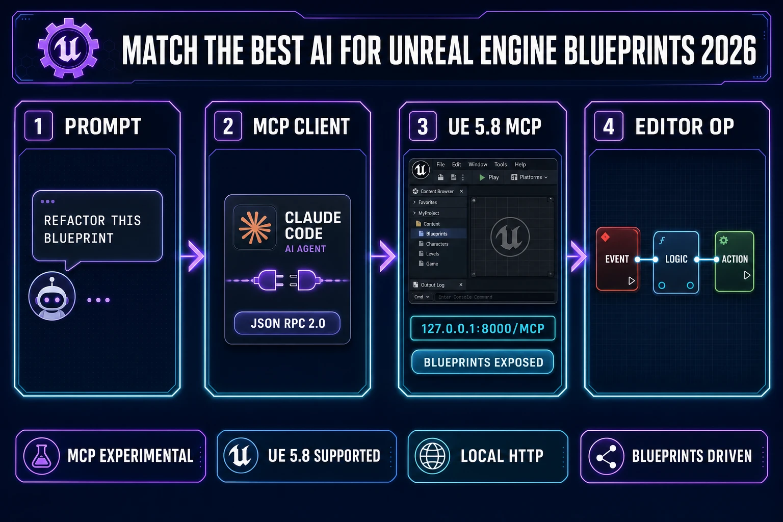 Match the best ai for unreal engine blueprints - four-panel flow from prompt to MCP client to UE 5.8 MCP plugin to Blueprint editor operation