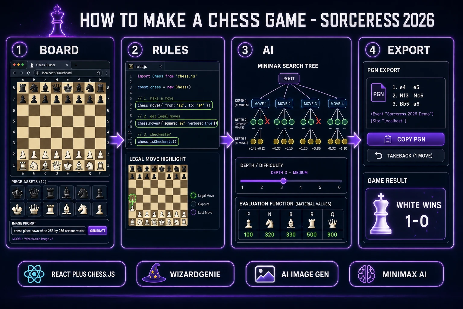 How to make a chess game browser pipeline: 8x8 board render, chess.js legal-move generation, AI Image Gen piece sprites, minimax AI opponent, PGN export card