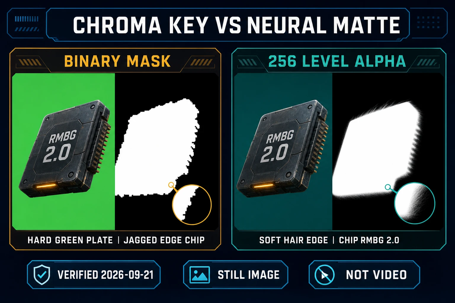 Classic binary chroma key compared with a neural AI powered background remover matte that keeps 256 alpha levels