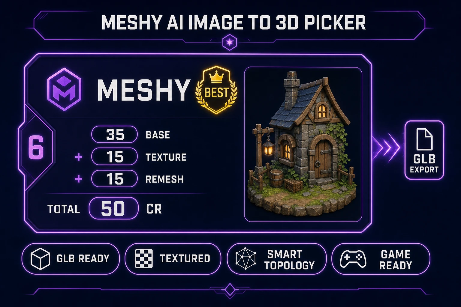 3D Studio Meshy 6 model picker card showing 35 base plus 15 texture and 15 remesh credit costs
