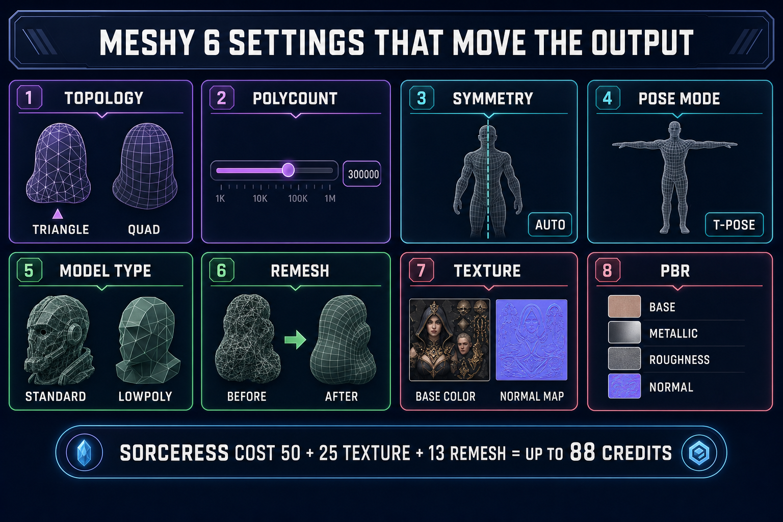 Meshy 6 settings panel infographic showing the eight parameters that matter for game-ready meshes - topology triangle versus quad, target polycount up to 300K, symmetry mode auto on off, pose mode A-pose T-pose for rigging, model type standard versus lowpoly, should remesh, should texture, enable PBR - with each setting visualized as a stylized UI control on a dark navy background