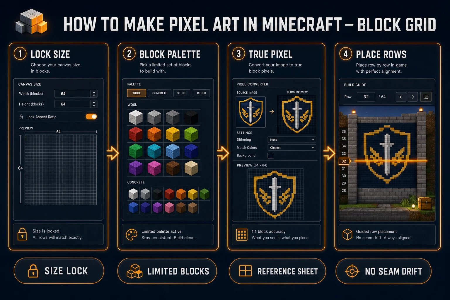 How to make pixel art in Minecraft pipeline from wall size lock through block palette and True Pixel reference to row placement