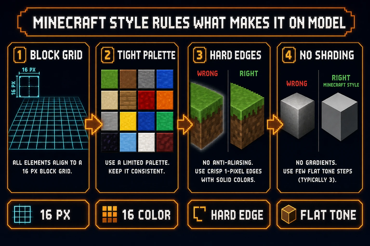 Minecraft style pixel art rules — block grid, tight palette, hard edges, flat tones