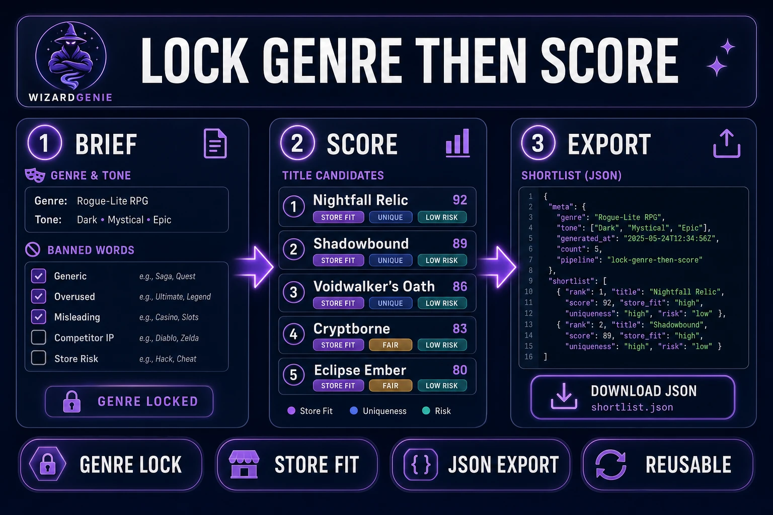 WizardGenie lock pipeline for a game title generator — genre brief to store-fit scoring to shortlist JSON export, verified July 16, 2026