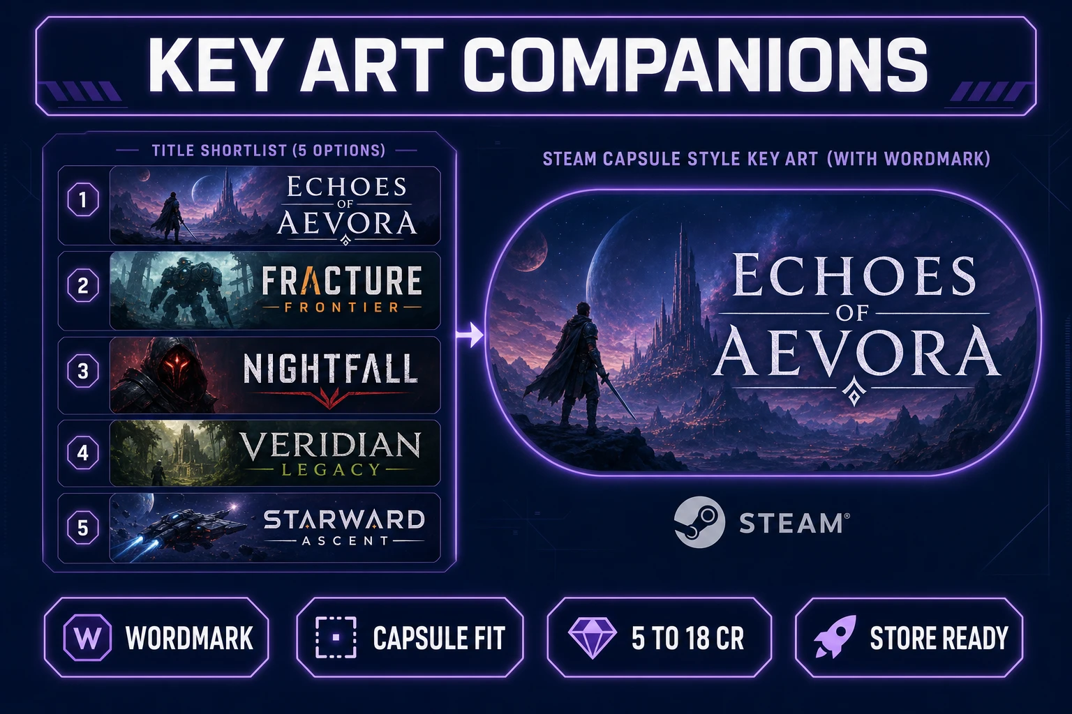 AI Image Gen key-art companions for a game title generator storefront name pack, verified July 16, 2026