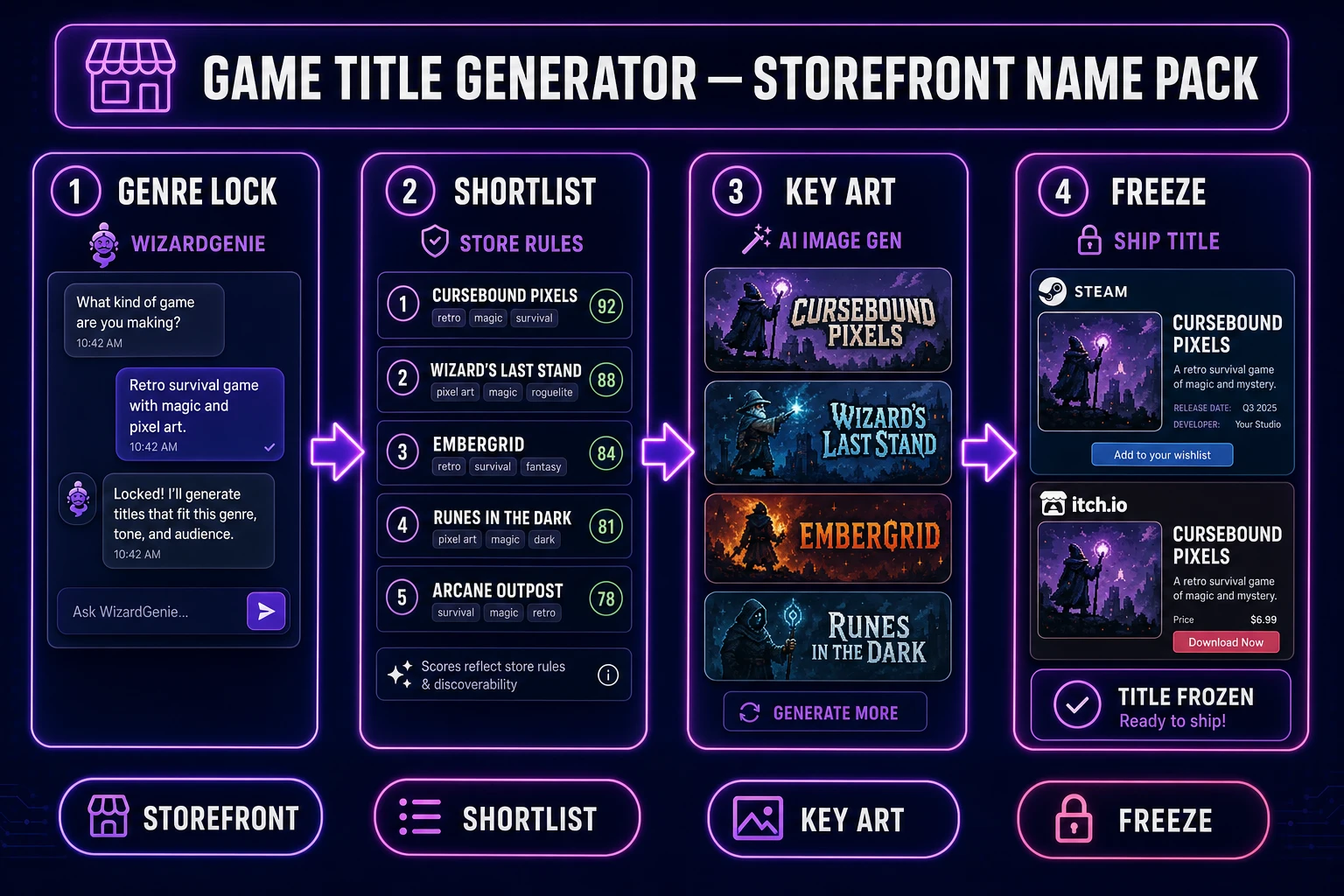 Game title generator in 2026 — four-step storefront pipeline from WizardGenie genre lock through shortlist scoring, AI Image Gen key art, and frozen Steam or itch title, verified July 16, 2026