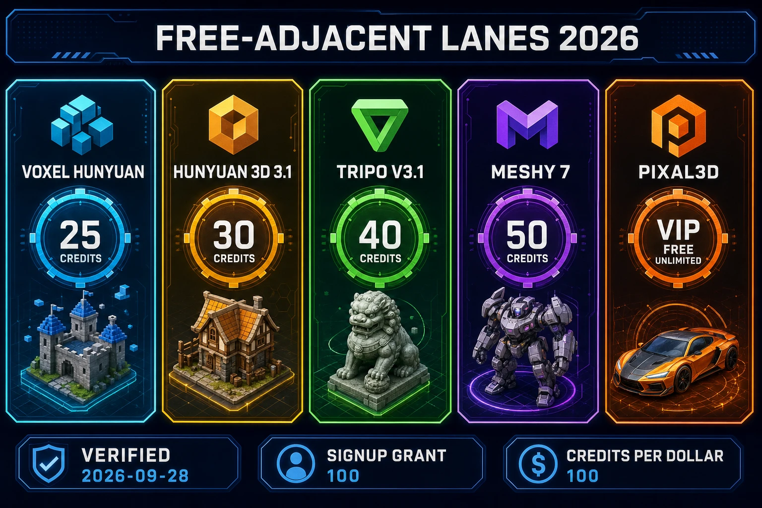 AI 3D model generator free credit lanes from Voxel 25 to Pixal3D VIP free