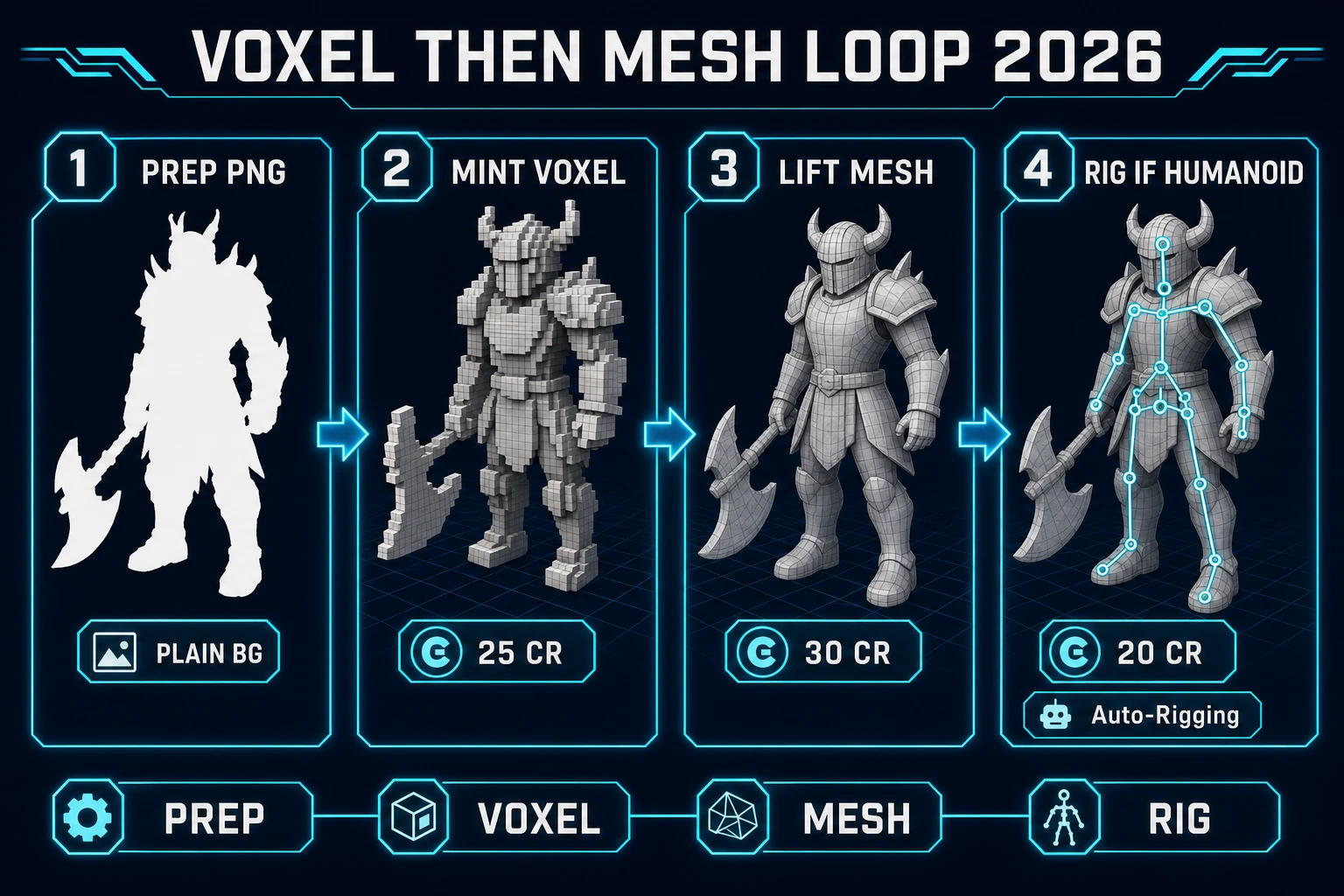 AI 3D model generator free loop: prep PNG, mint voxel, lift mesh, rig humanoid