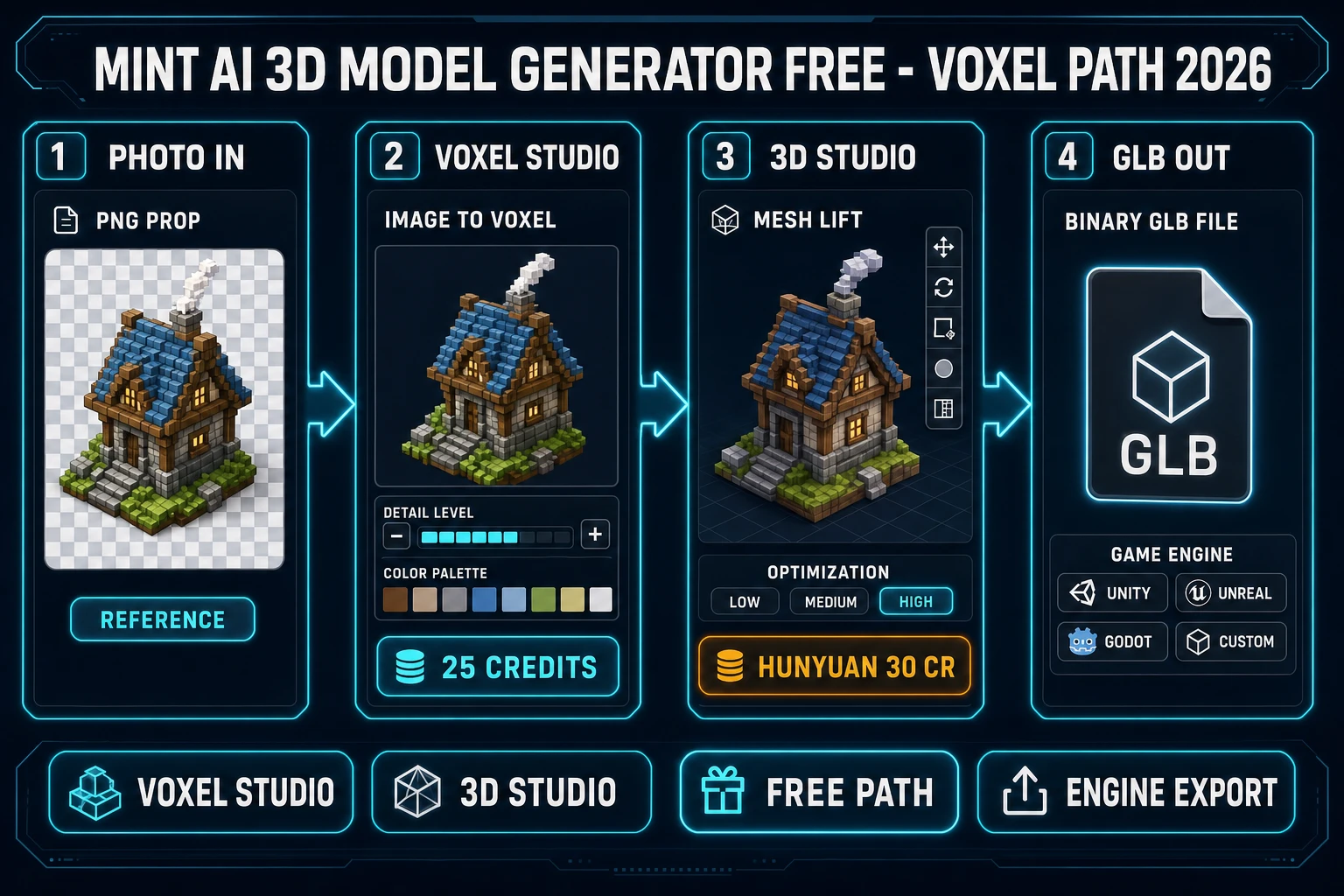 AI 3D model generator free pipeline: PNG reference, Voxel Studio mint, 3D Studio lift, GLB export
