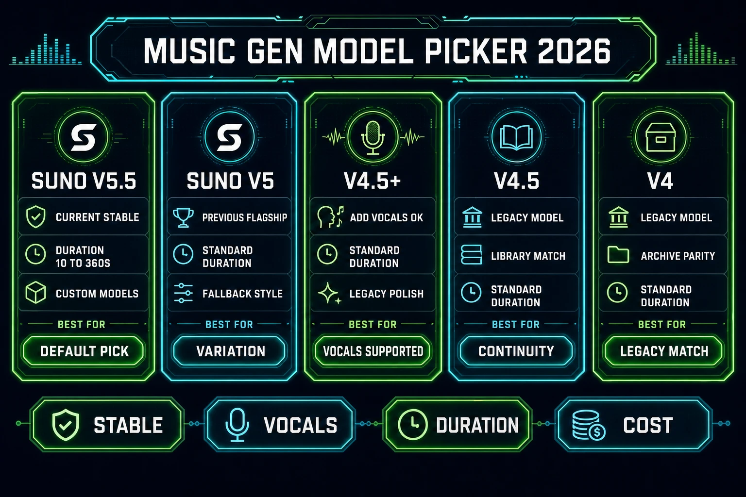 Music Gen model picker for the ai game music generator 2026: Suno V5.5 as default pick with 10-360 second duration, V5 for variation, V4.5+ for add-vocals support, V4.5 for library continuity, V4 for legacy match