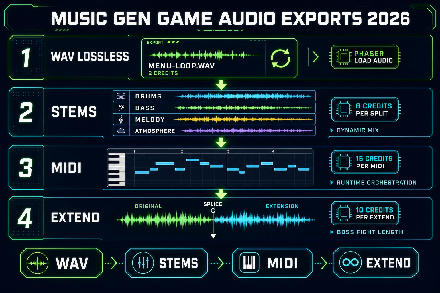 Music Gen game-audio export pipeline 2026: WAV lossless at 2 credits for Phaser load.audio, stems at 8 credits split into drums bass melody atmosphere for dynamic mixing, MIDI at 15 credits for runtime orchestration, and extend at 10 credits for boss-fight length