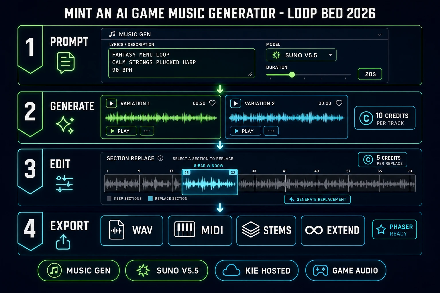 Mint an ai game music generator loop bed 2026: four-panel Sorceress Music Gen diagram showing a stylistic prompt on Suno V5.5, two variation cards, an in-card section-replace editor, and export buttons for WAV, MIDI, stems, and extend