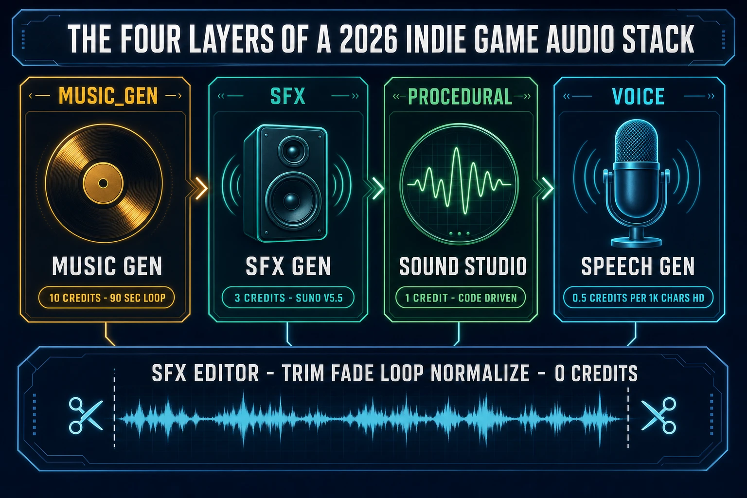 Four layers of a 2026 indie game audio stack - Music Gen 10 credits underscore, SFX Gen 3 credits Suno V5.5, Sound Studio 1 credit procedural code, Speech Gen voice and dialogue
