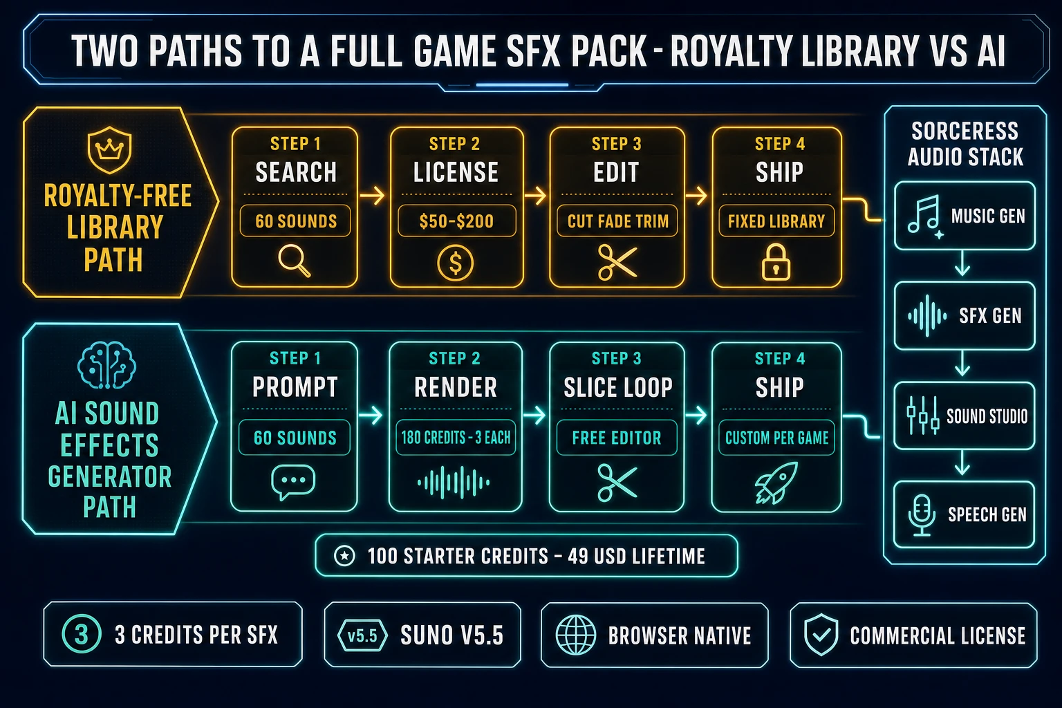 Two paths to a full game SFX pack - royalty library path with search license edit ship versus AI sound effects generator path with prompt render slice loop ship to game