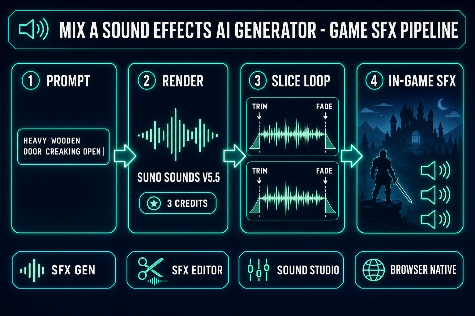 Sound effects AI generator pipeline diagram for indie games - prompt SFX Gen Suno Sounds V5.5 SFX Editor slice loop in-game SFX layered output