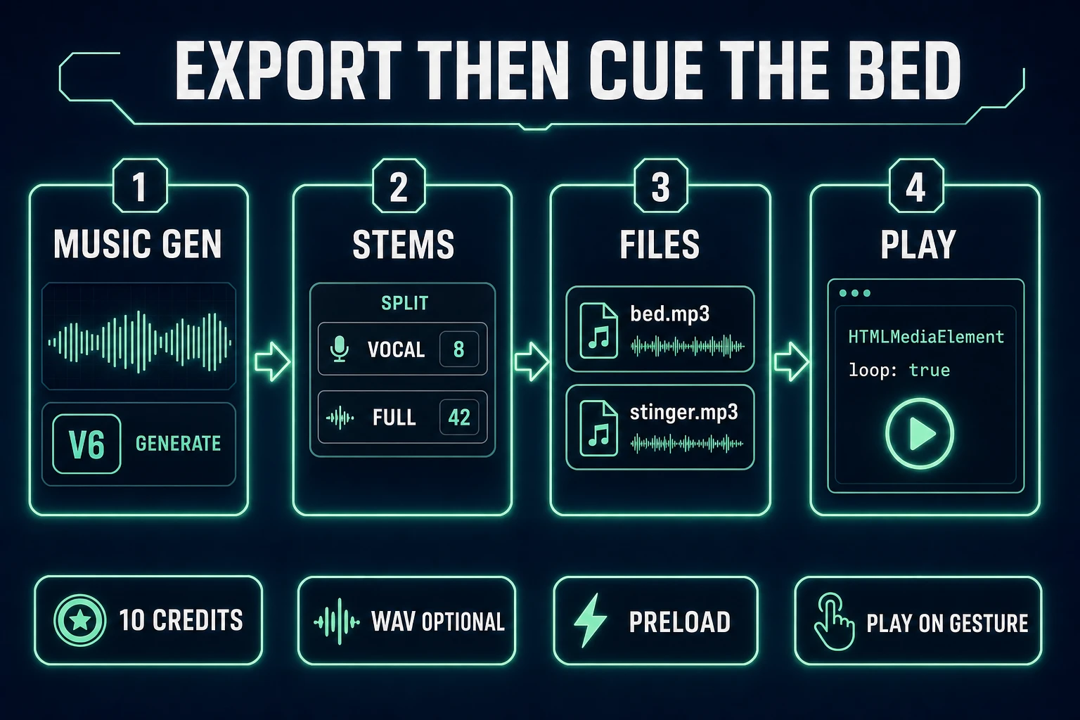 Export then cue the loop bed: Music Gen, stems, files, HTMLMediaElement loop
