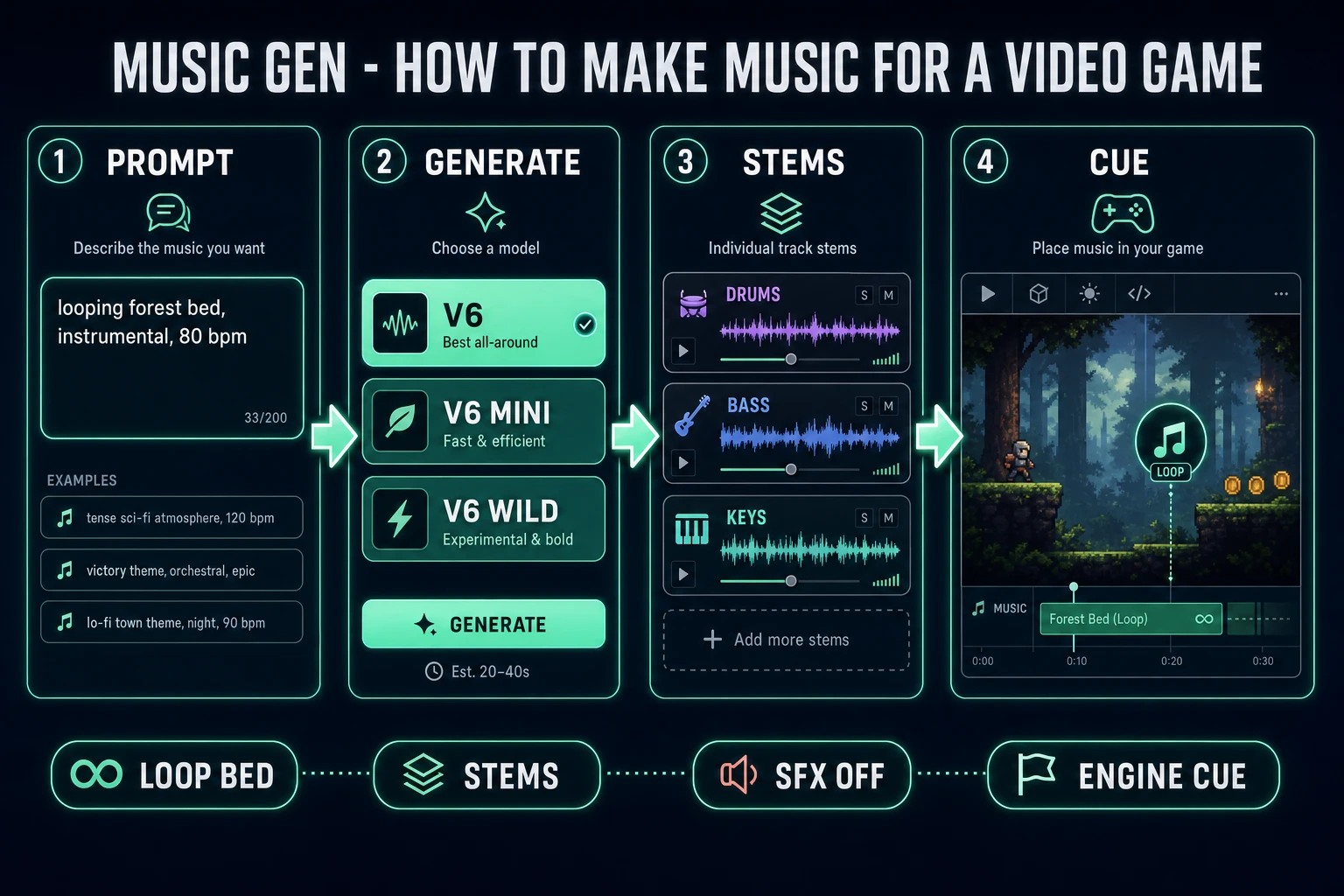 How to make music for a video game pipeline: prompt, Music Gen models, stems, engine loop cue