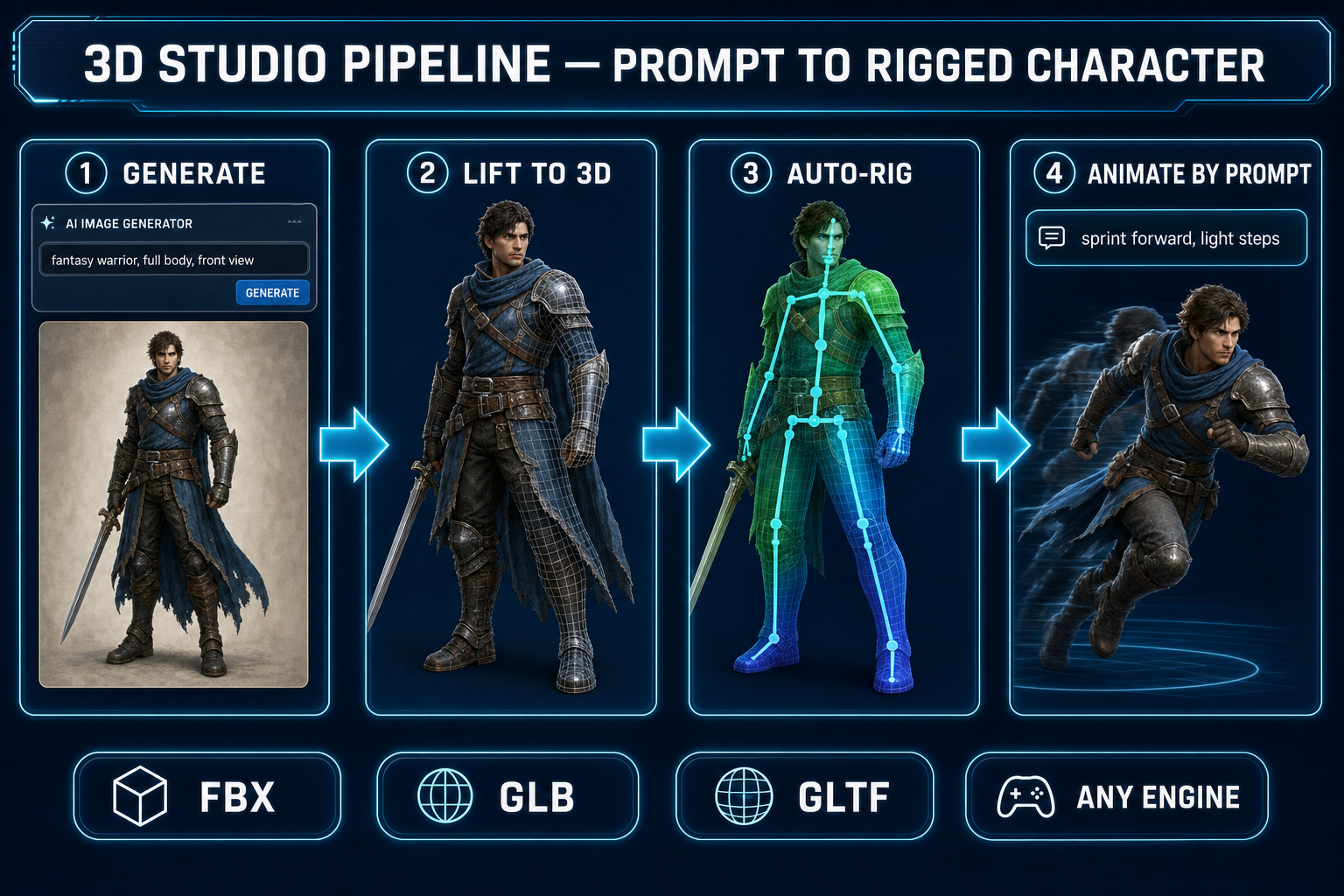 Four-step pipeline: AI image generation, single-image to 3D mesh, auto-rig with weight paint, text-to-animation export