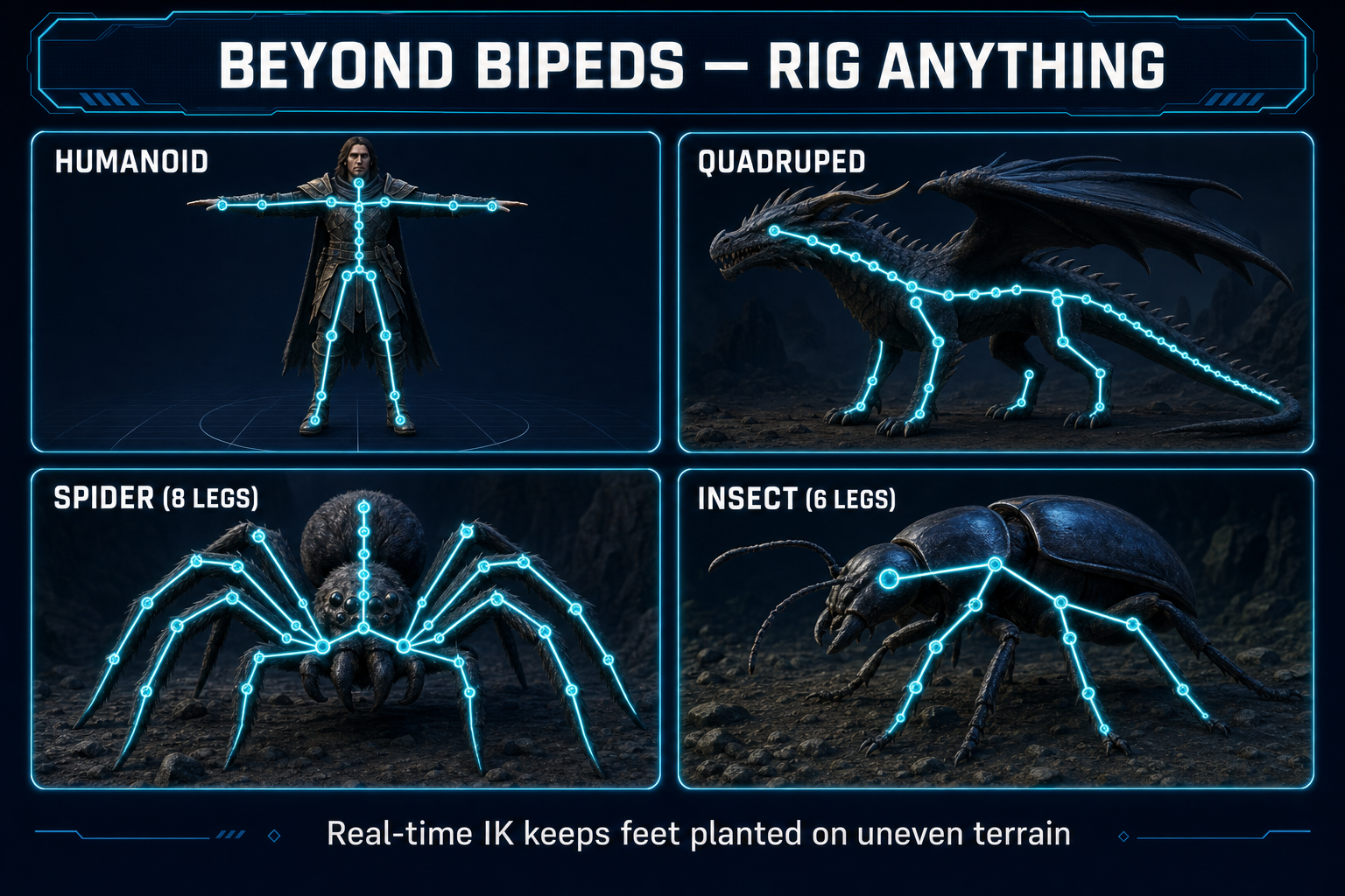 Four-creature rigging showcase: humanoid, quadruped dragon, eight-legged spider, six-legged insect, each with a cyan skeleton overlay