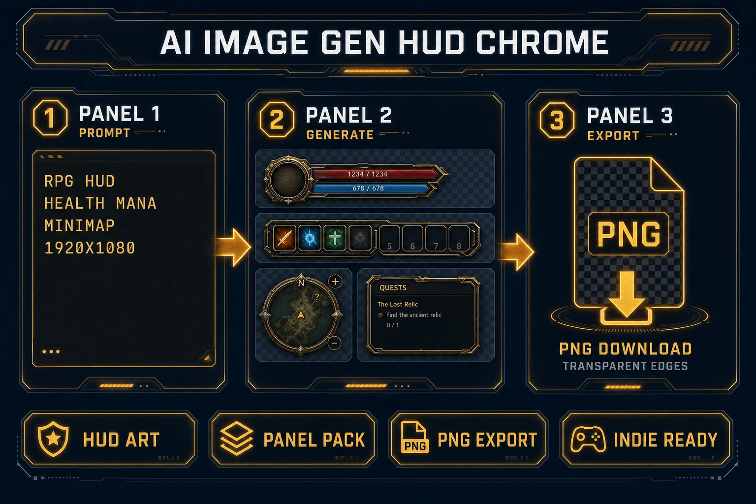 AI Image Gen pipeline generating RPG HUD chrome panels for an ai mockup generator workflow, verified July 11, 2026
