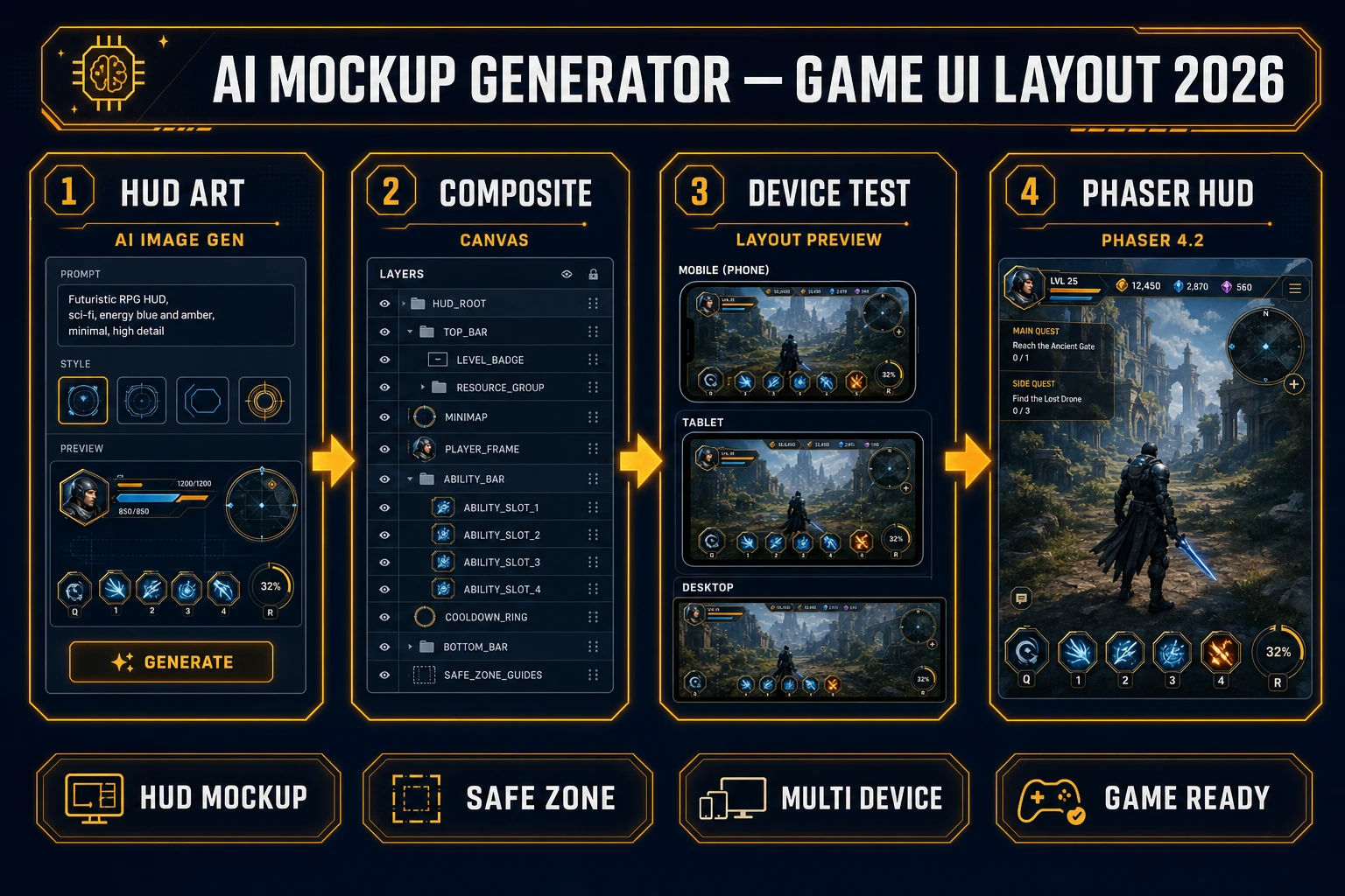 AI mockup generator in 2026 — four-step browser pipeline from AI Image Gen HUD chrome through Canvas compositing and Layout Preview device tests to Phaser 4.2, verified July 11, 2026