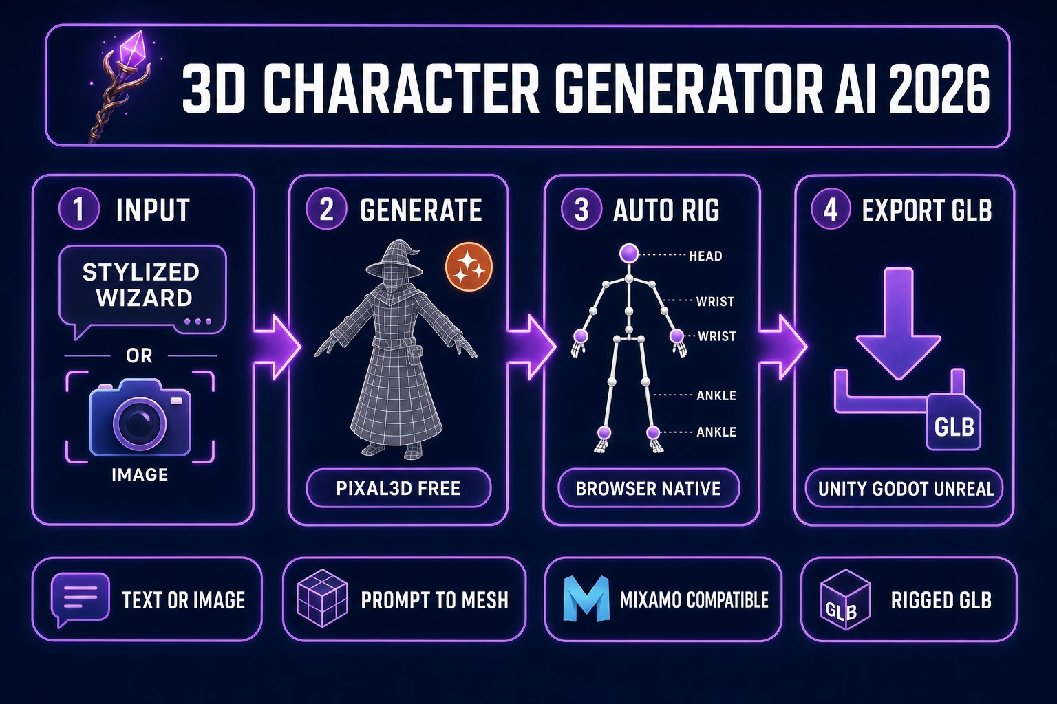 3D character generator AI pipeline 2026 - four-panel diagram from prompt to image to 3D mesh to rigged GLB