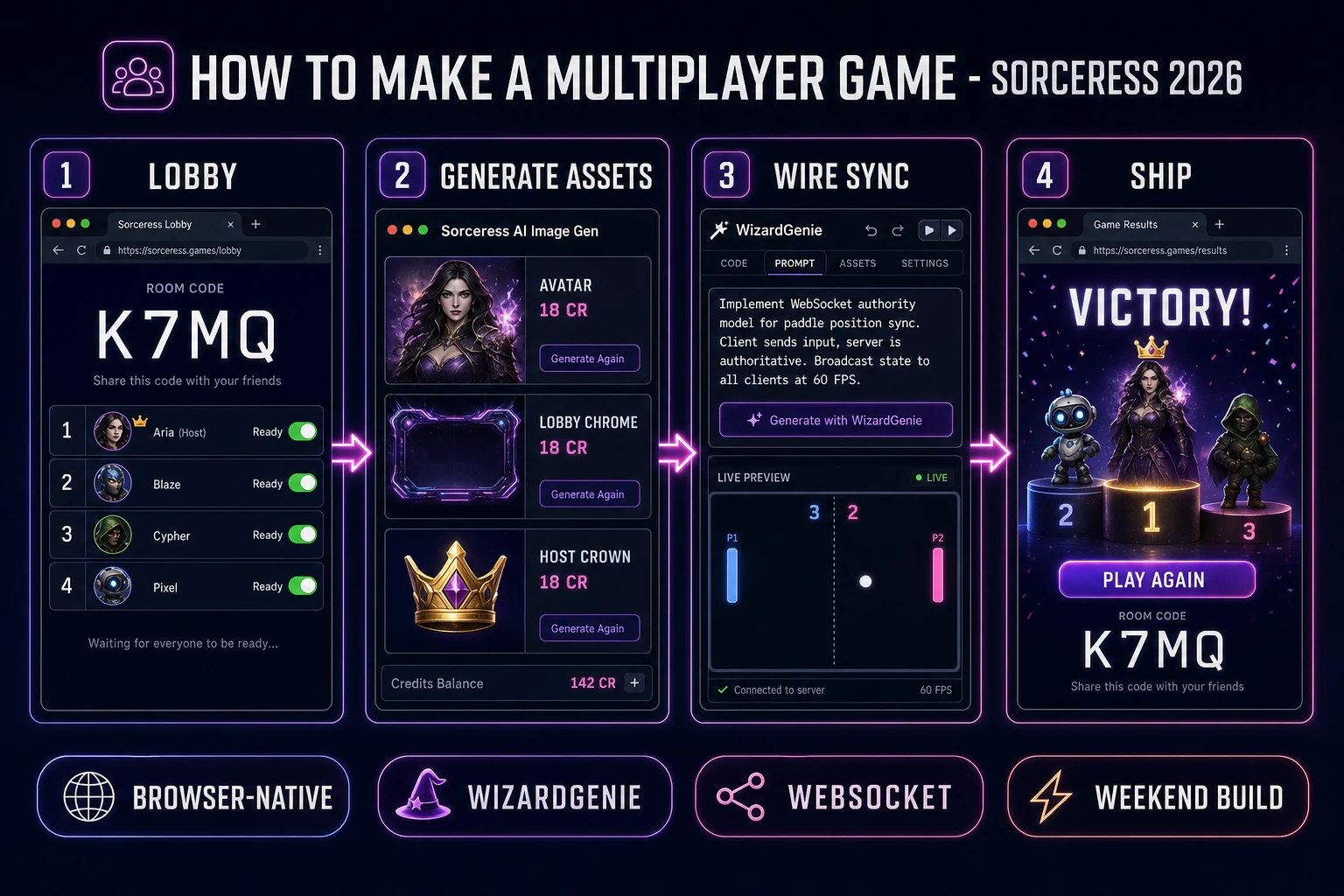 How to make a multiplayer game browser pipeline: design the lobby, generate avatars, wire sync in WizardGenie, and ship a browser build